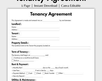 One Page Tenancy Agreement, Editable Tenancy Contract Template Canva, Printable Rental Agreement, Tenancy Agreement Form, Rental form