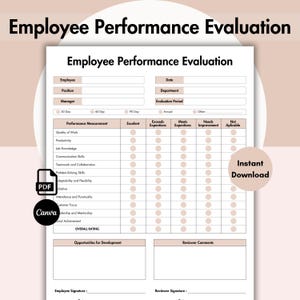 Employee Performance Evaluation, Editable Employee Performance Review Template, Human Resources, Printable Performance Evaluation Form