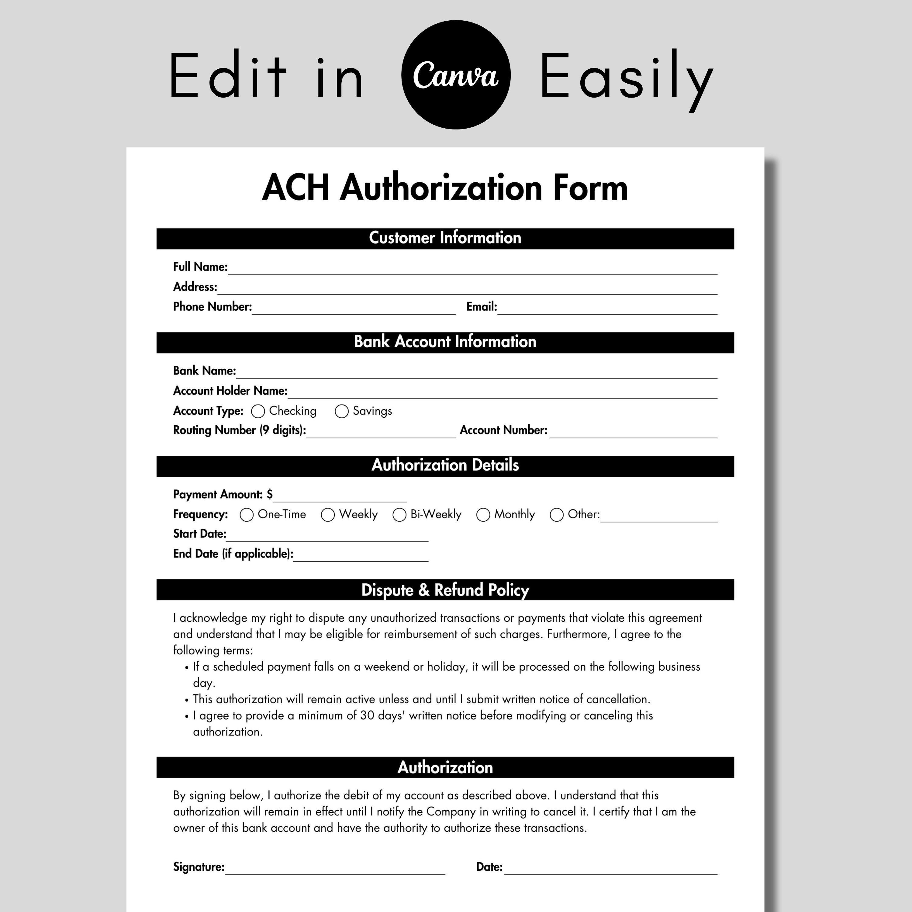ACH Authorization Form Black, ACH Payment Template, Printable ...