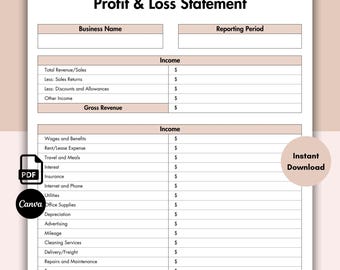 Profit and Loss Statement, Small Business Income Statement, Printable Financial Statement, Profit Calculator, Editable Bookkeeping Template