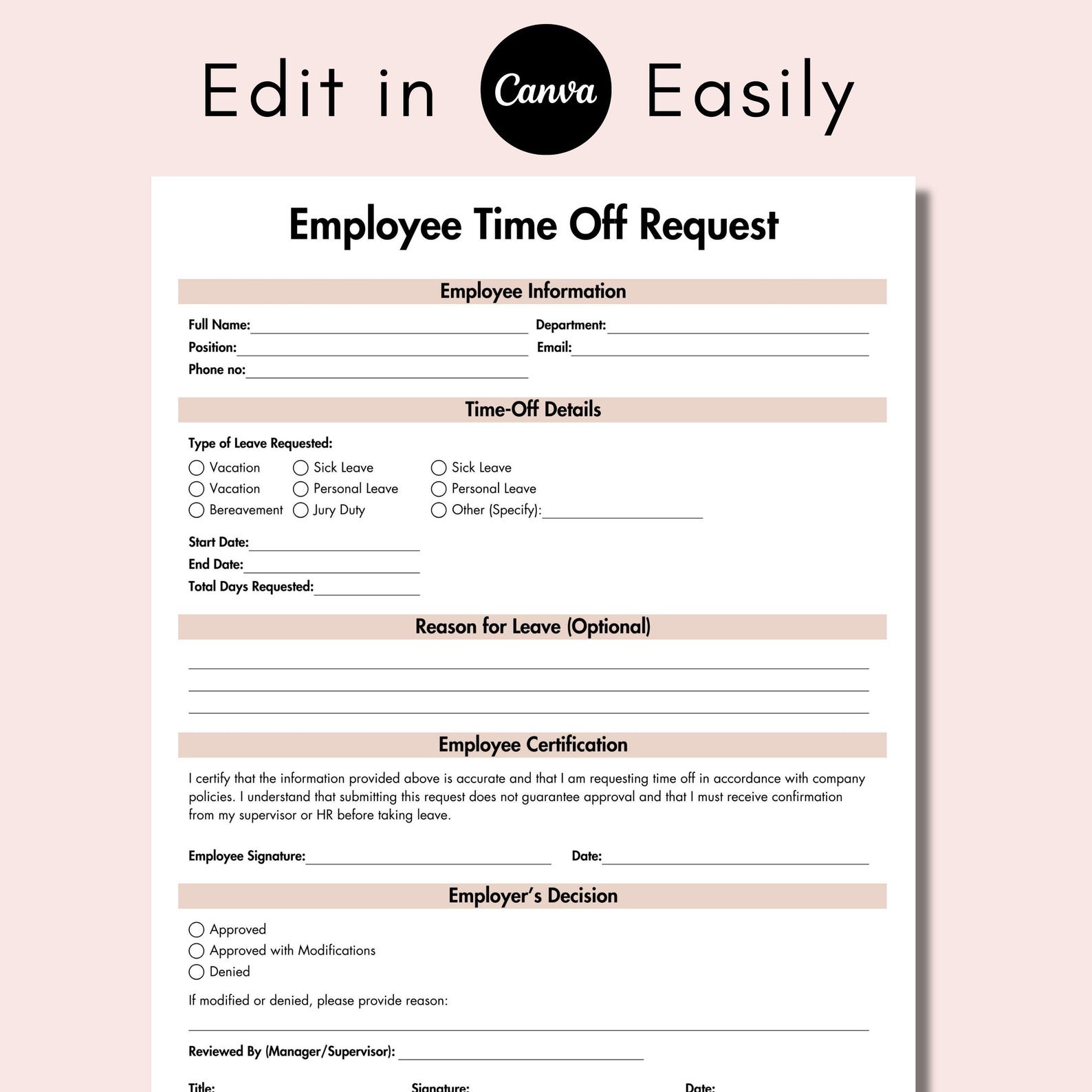 Employee Time off Request, Editable Vacation Request Form Template ...