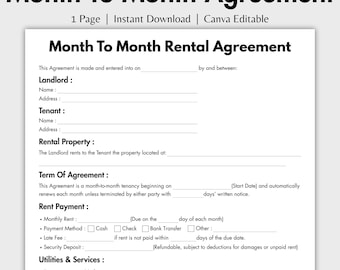 One Page Month to Month Rental Agreement, Editable Tenant Agreement Template Canva, Printable Month to Month Lease, Landlord Contract Forms