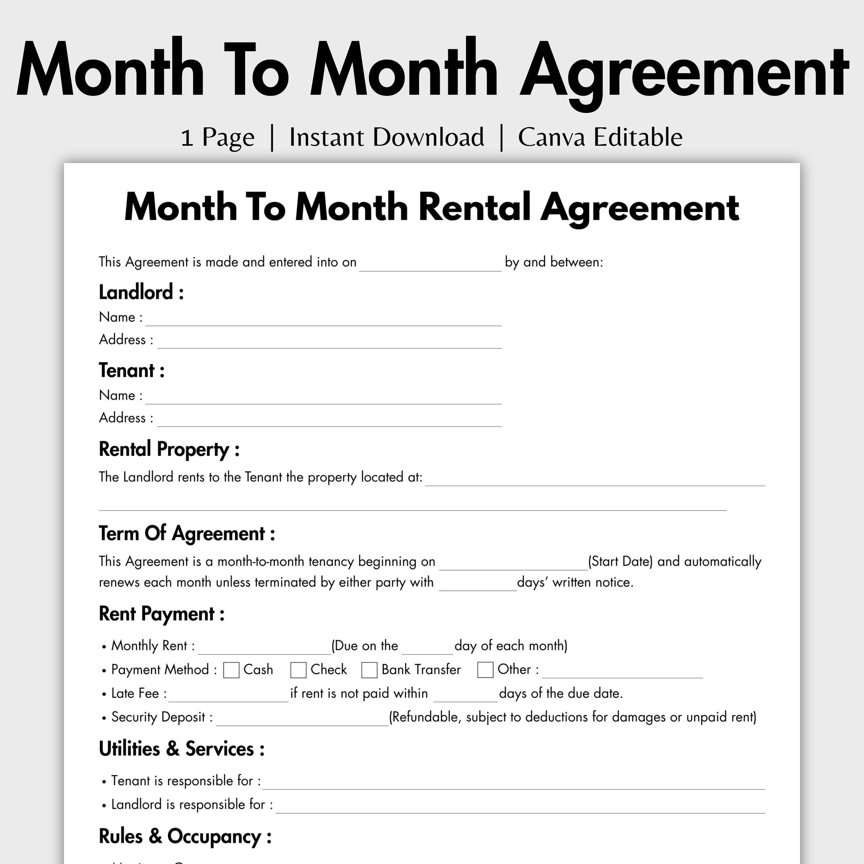 One Page Month to Month Rental Agreement Editable Tenant Agreement