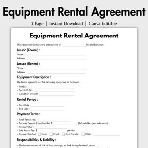 One Page Equipment Rental Agreement, Editable Lease Equipment Template ...