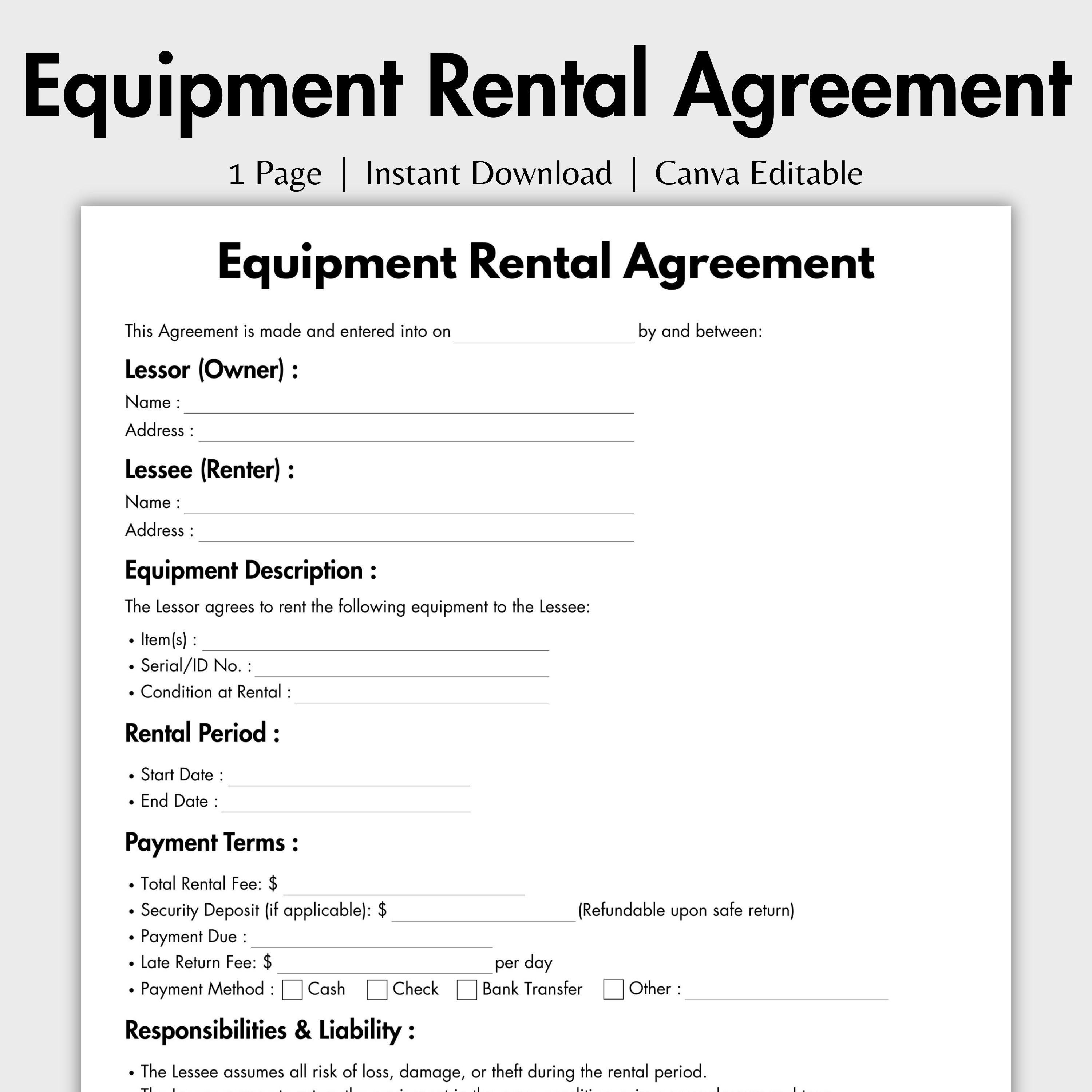 One Page Equipment Rental Agreement, Editable Lease Equipment Template, Printable Event Equipment Contract, Professional Form, Canva, PDF