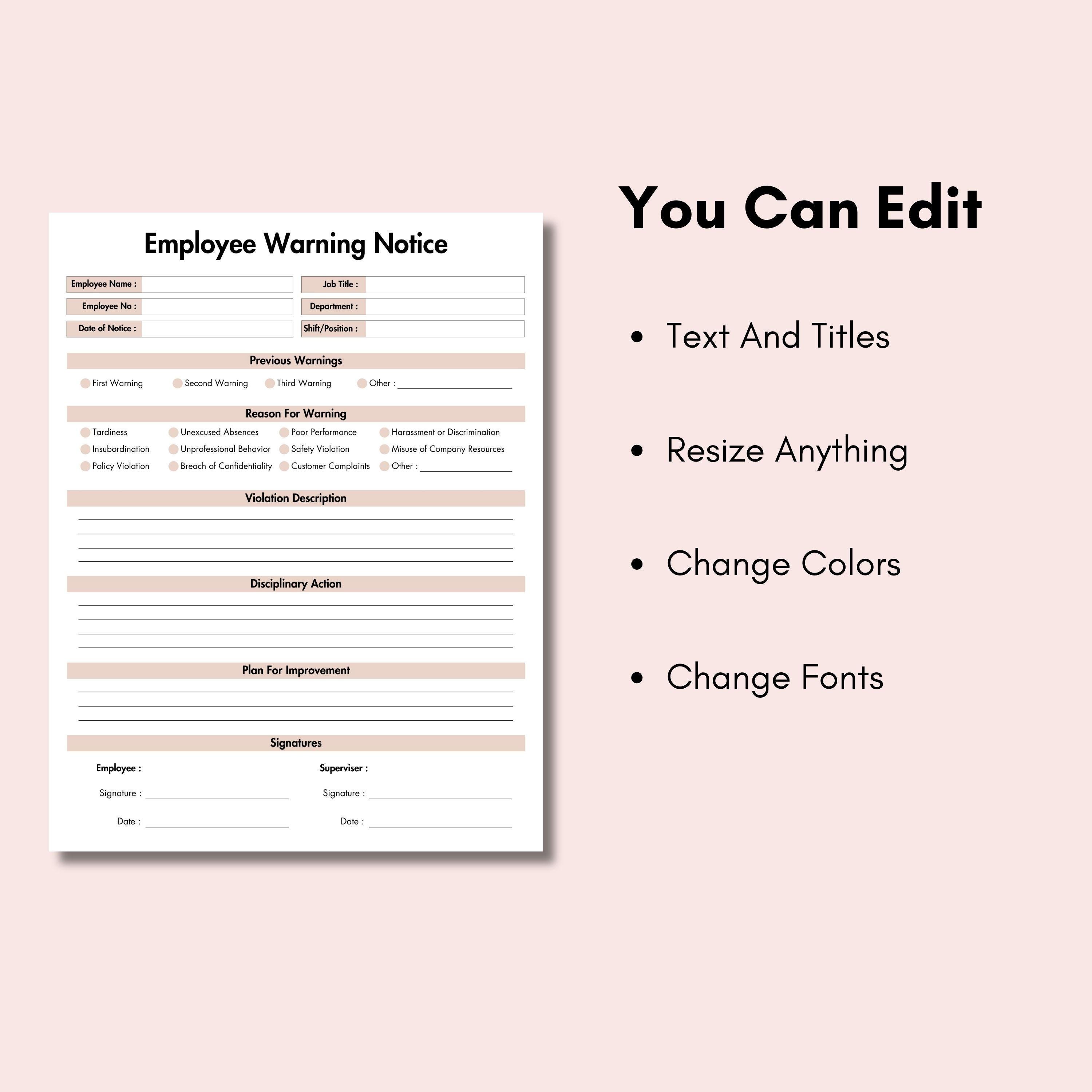 Employee Warning Notice, Employee Discipline Form, Editable Employee ...