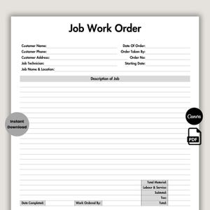 Puede incluir: Una plantilla de Orden de Trabajo blanca con texto negro. El documento incluye campos para información del cliente, detalles del trabajo y resúmenes financieros. Las palabras "Job Work Order" están en la parte superior. Descarga instantánea disponible.