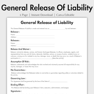 Può includere: Un modulo di rilascio generale di responsabilità stampabile in bianco e nero. Il modulo include sezioni per i nomi e gli indirizzi del rilasciante e del rilasciato, una liberatoria e una rinuncia, l'assunzione di rischi, nessuna garanzia, la legge applicabile, l'effetto vincolante e le firme.