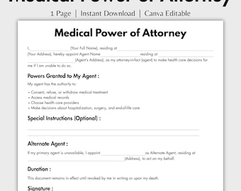 Procuration médicale d'une page, modèle modifiable d'autorité de santé Canva, procuration de soins de santé imprimable, autorité médicale, PDF instantané