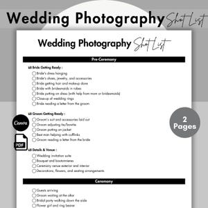 Editable Wedding Photography Shot List, Printable Wedding Planner List, Wedding Photo Checklist, Wedding Photographer List, Canva Template