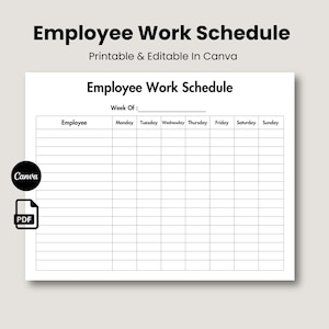 May include: A printable and editable employee work schedule template. The document features a clean, minimalist design with a white background and black text. The title "Employee Work Schedule" is prominently displayed, along with a section for the week of.