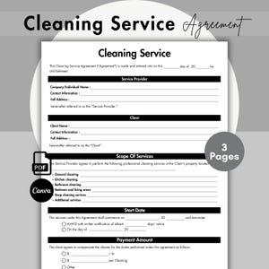 Bearbeitbarer Reinigungsdienstvertrag, Reinigung von Geschäftsformularen, Wohnreinigungsvorlage, druckbarer Haushältervertrag, Canva, PDF