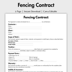 May include: A white Fencing Contract template with black text. The document includes sections for contractor and client information, scope of work, payment terms, warranty, and liability. The text "Fencing Contract" is at the top.