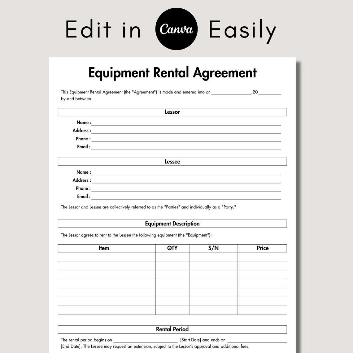 Item Rental Form Equipment Rental Agreement, Printable & Editable Equipment Rental ...