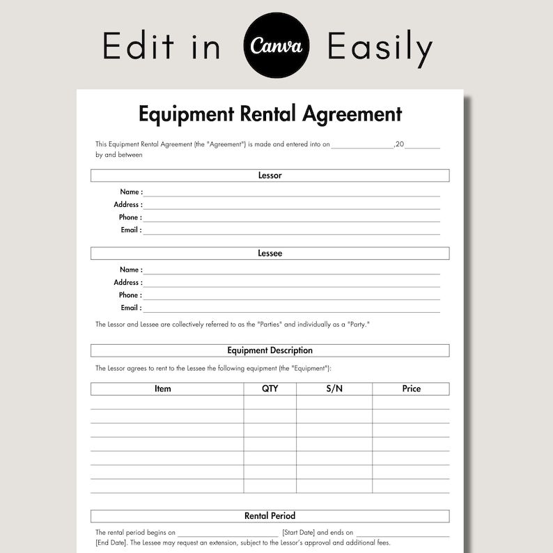 Equipment Rental Agreement, Printable & Editable Equipment Rental ...