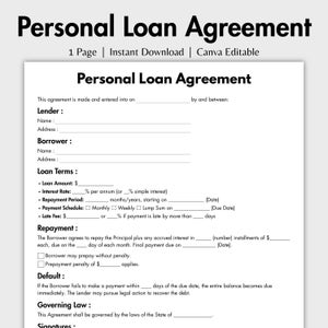 Persoonlijke leningsovereenkomst van één pagina, bewerkbare sjabloon voor leningcontract, Canva, afdrukbare promesse, digitale lening Instant download pdf
