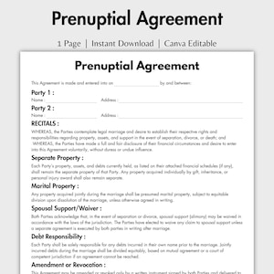 One Page Prenuptial Agreement, Editable Prenup Form Template Canva, Printable Antenuptial Contract, Financial Disclosure, Premarital form