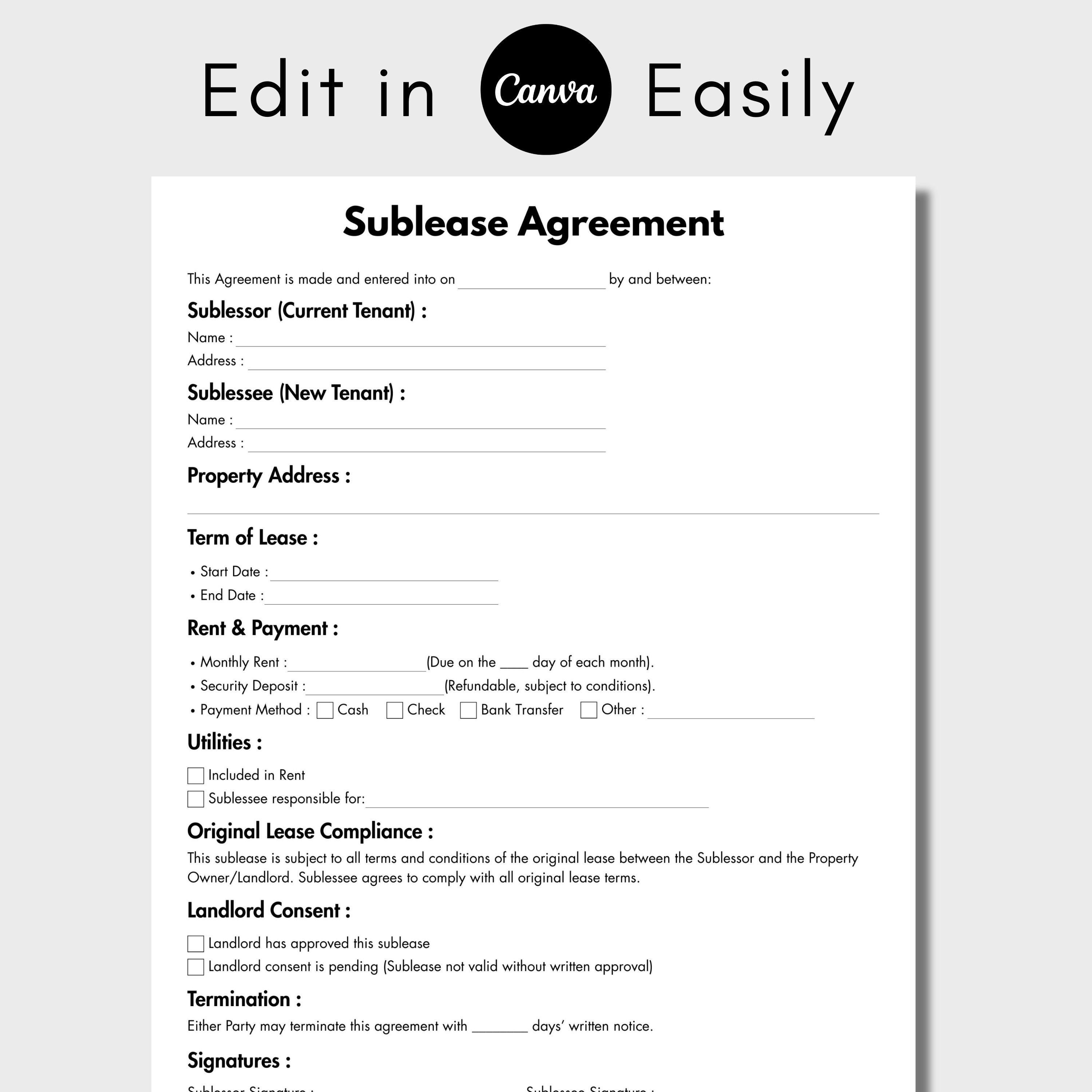 One Page Sublease Agreement, Editable Commercial Sublet Contract Form ...