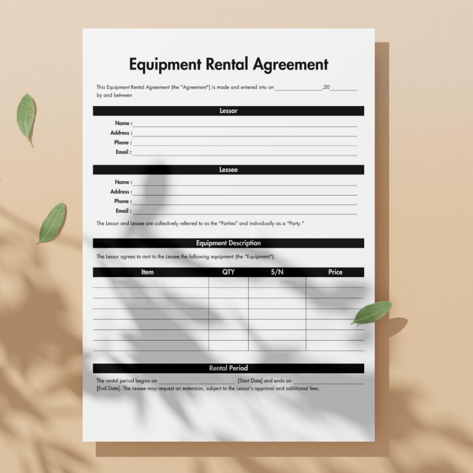Equipment Rental Form.pdf Editable Equipment Rental Agreement, Printable Equipment Rental ...