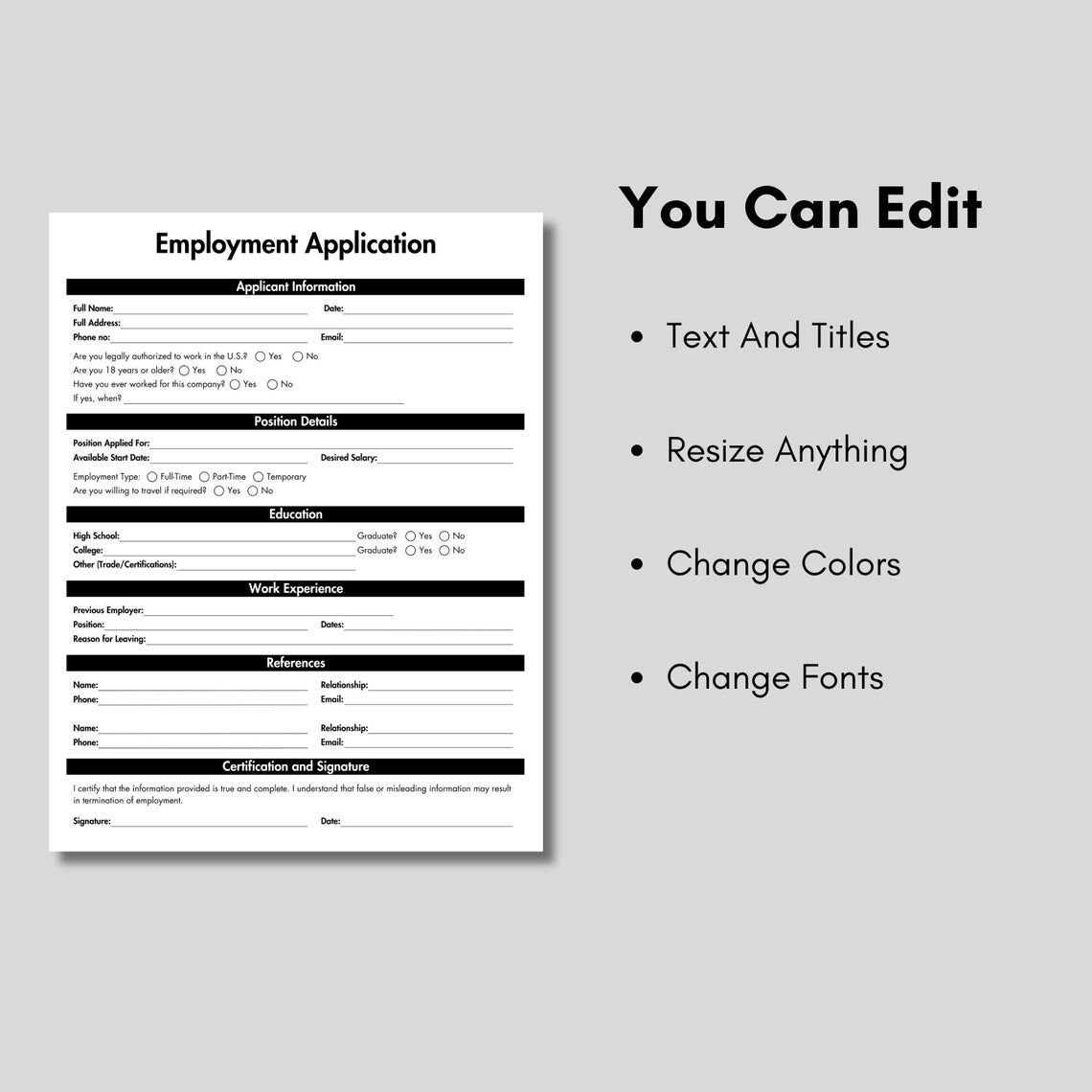 Employment Application Black, Printable Job Application Template, New ...