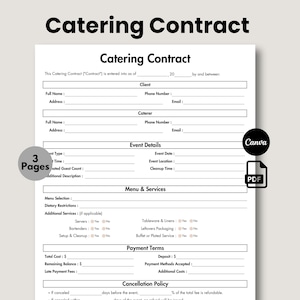 Editable Catering Contract Template, Catering Service Contract, Catering Business Contract, Food Service Agreement in Canva, Printable PDF