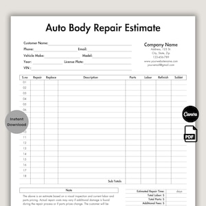以下が含まれることがあります： 顧客と車両情報用のフィールドがある、白い自動車修理見積もりフォーム。修理の詳細、部品、労務、および小計のコストのセクションが含まれています。「PDF」アイコンと「インスタントダウンロード」ボタンが表示されます。