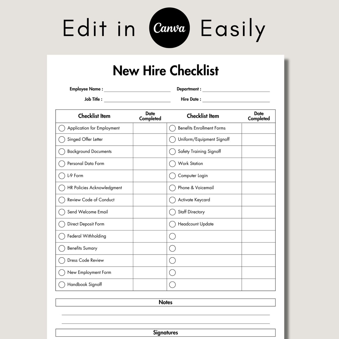 New Hire Checklist Template, Printable & Editable New Employee ...