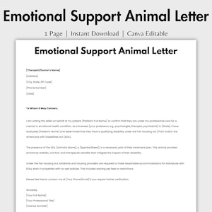 Carta editável sobre animal de apoio emocional, modelo de carta ESA para impressão, animal de serviço, terapia de notas SOAP, nota DAP, nota do terapeuta