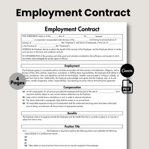 Employment Contract Template, Editable Employment Service Contract, Job Agreement, Printable HR Employer, Employee Form Template
