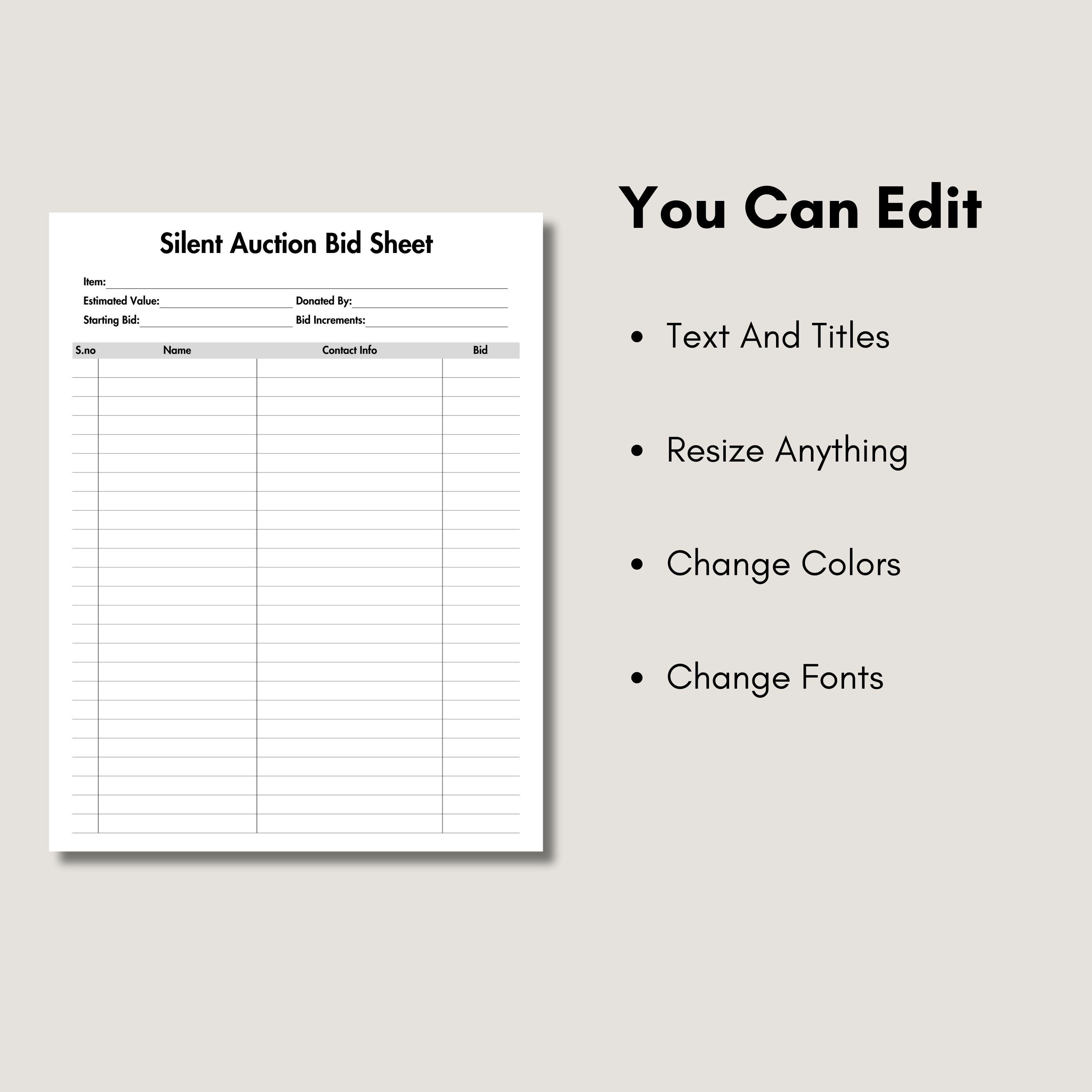 Silent Auction Bid Sheet Template, Editable Silent Auction Sign up ...