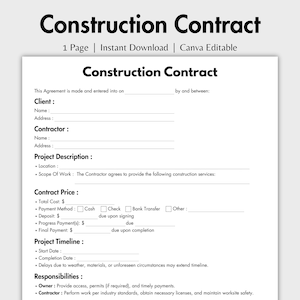 以下が含まれることがあります： 白黒の印刷可能な建設契約書テンプレート。このドキュメントには、クライアントと請負業者の情報、プロジェクトの説明、契約価格、支払い方法、プロジェクトのタイムライン、および責任に関するセクションが含まれています。