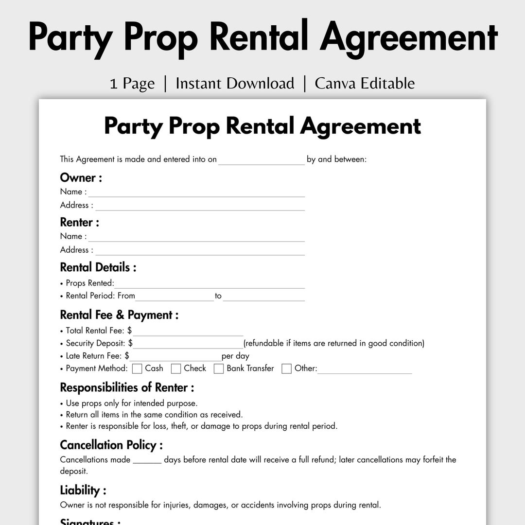 Prop Contract One Page Party Prop Rental Agreement, Editable Event Decor Contract ...
