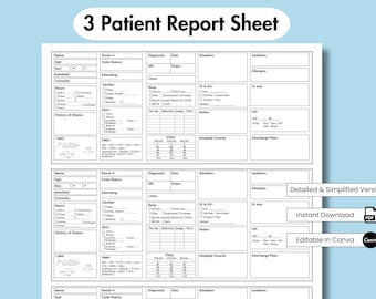 3 Patient Nurse Report Sheet, Printable Nursing Med Surg Report Sheet, Nurse Brain Sheet, ICU Nursing Handoff, Editable New Grad Rn Report