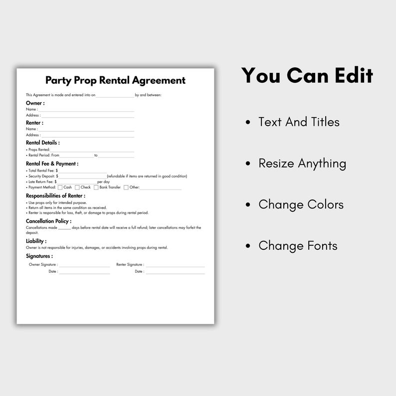 One Page Party Prop Rental Agreement, Editable Event Decor Contract ...