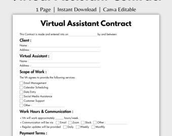 One Page Virtual Assistant Contract, Editable Freelance Assistant Agreement Form Template Canva, Printable Personal Assistant Services