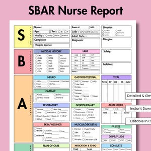 May include: A printable SBAR Nurse Report form with a colorful design. The form is divided into sections labeled "Situation", "Background", "Assessment", and "Recommendation". Each section includes a checklist of medical information to be reported.