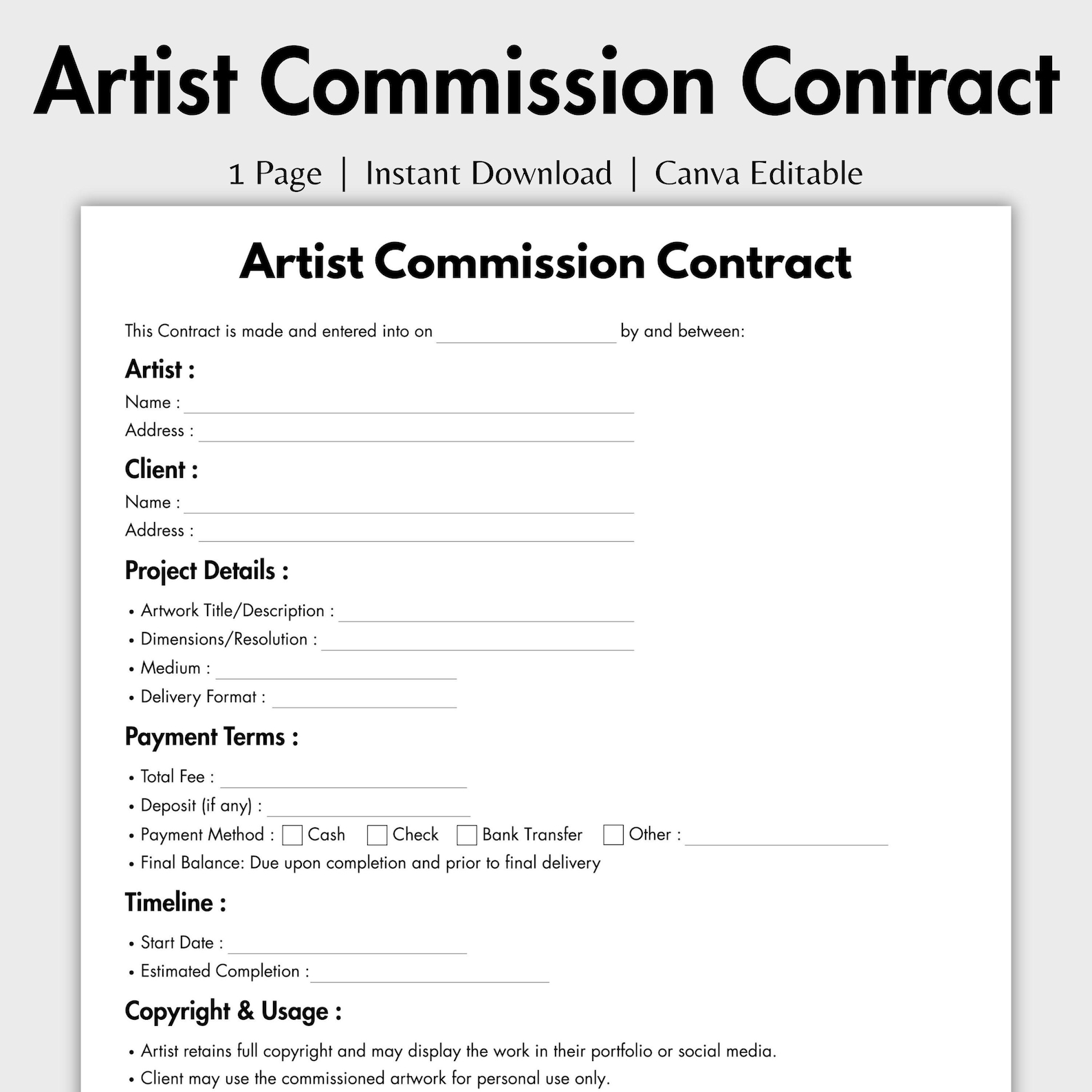 One Page Artist Commission Contract, Editable Agreement for Art