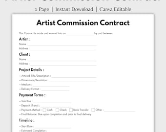 One Page Artist Commission Contract, Editable Agreement for Art Commissions Form Template Canva, Printable Artwork Contract Digital Download