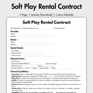 以下が含まれることがあります： 黒いテキストで「Soft Play Rental Contract」というタイトルの白いドキュメント。ドキュメントには、プロバイダーと借り手の情報、レンタル詳細、支払い条件、利用規約のセクションが含まれています。ドキュメントは1ページのインスタントダウンロードで、Canvaで編集できます。