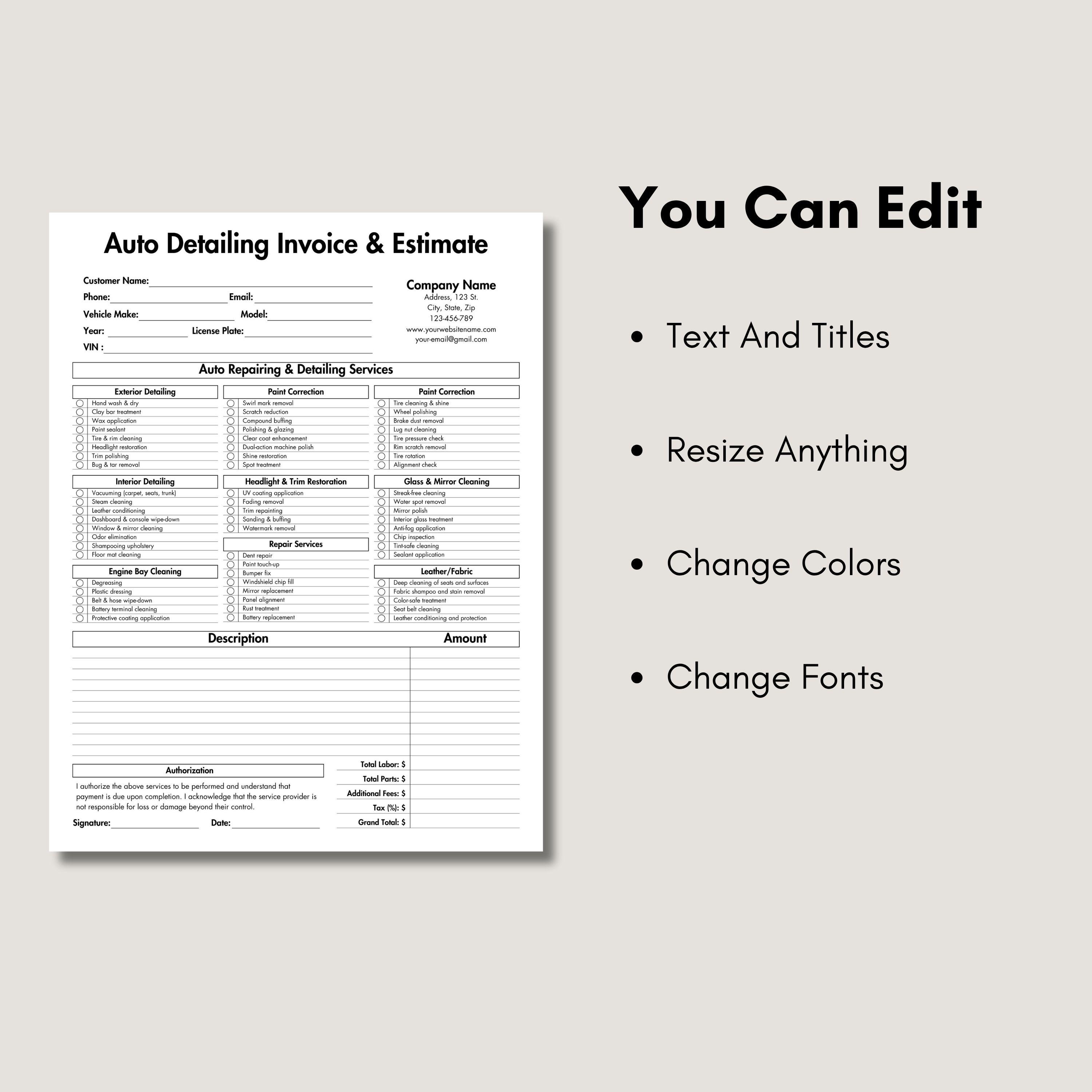 Editable Auto Detailing Invoice & Estimate, Printable Vehicle Detailing ...