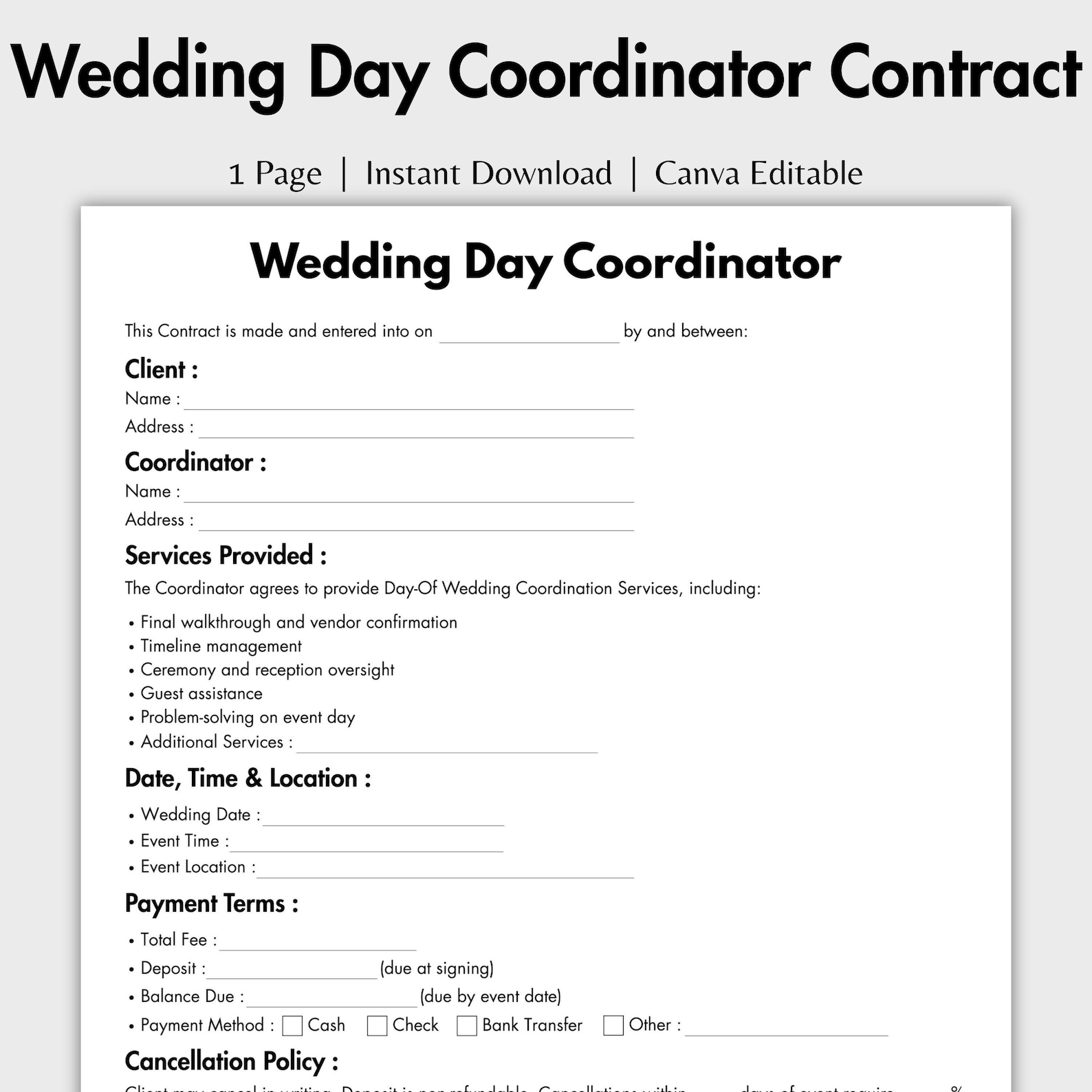 One Page Wedding Day Event Coordinator Contract, Editable Day of ...