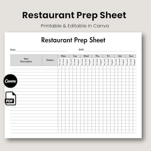 Restaurant Prep Sheet Template, Editable Food Prep Chart Form, Restaurant Opening, Printable Restaurant Prep Checklist, Restaurant Inventory
