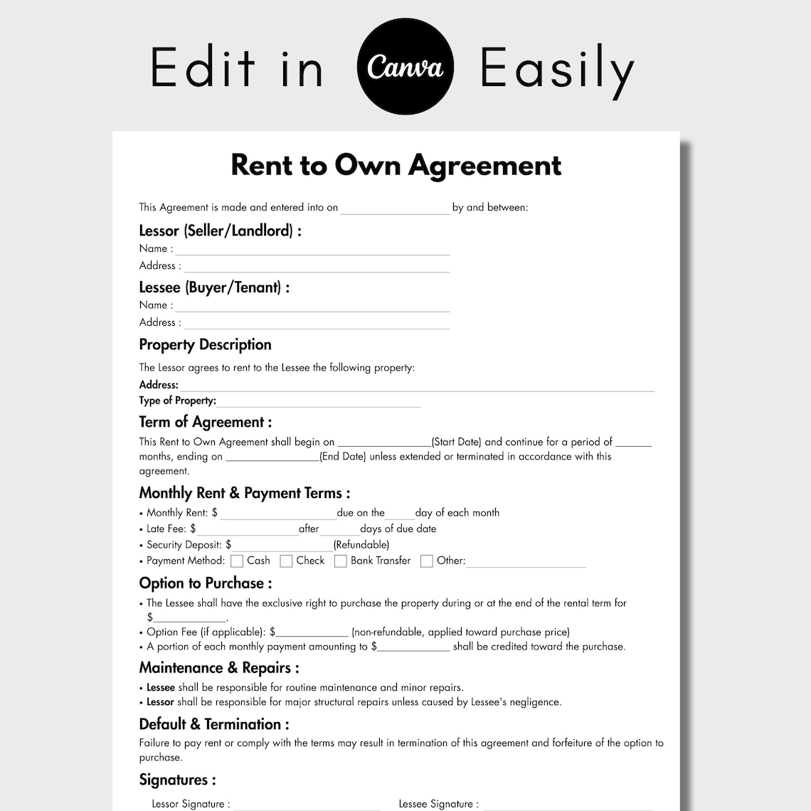 Own Use Form One Page Rent to Own Agreement, Editable Lease to Own Option Contract ...