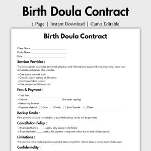 Contrat de naissance d'une page Doula, modèle de formulaire modifiable de contrat de services Doula sur toile, carte de visite imprimable Doula, contrat d'assistance en matière de main-d'oeuvre