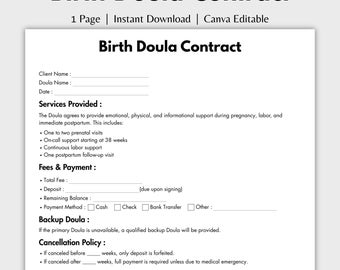 Contrato de doula de parto de una página, plantilla editable de acuerdo de servicios de doula en Canva, tarjeta de presentación de doula imprimible, contrato de apoyo al parto