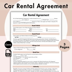 Autoverhuurovereenkomst, Afdrukbaar autoverhuurcontract, Voertuigleasecontract, Voertuigverhuur, Bewerkbare Canva-sjabloon, Directe download