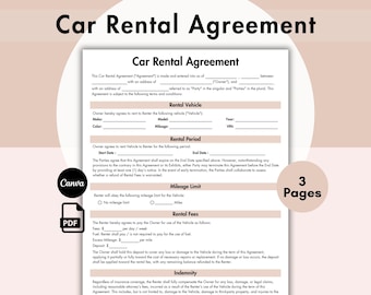 Car Rental Agreement, Printable Car Rental Contract, Vehicle Lease Contract, Vehicle Rental, Canva Editable Template, Instant Download