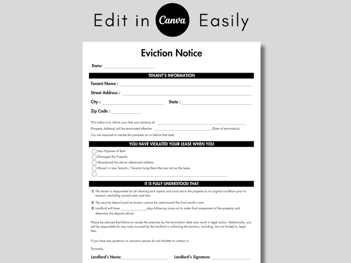 Eviction Notice Template, Printable Notice to Vacate Template, Landlord ...
