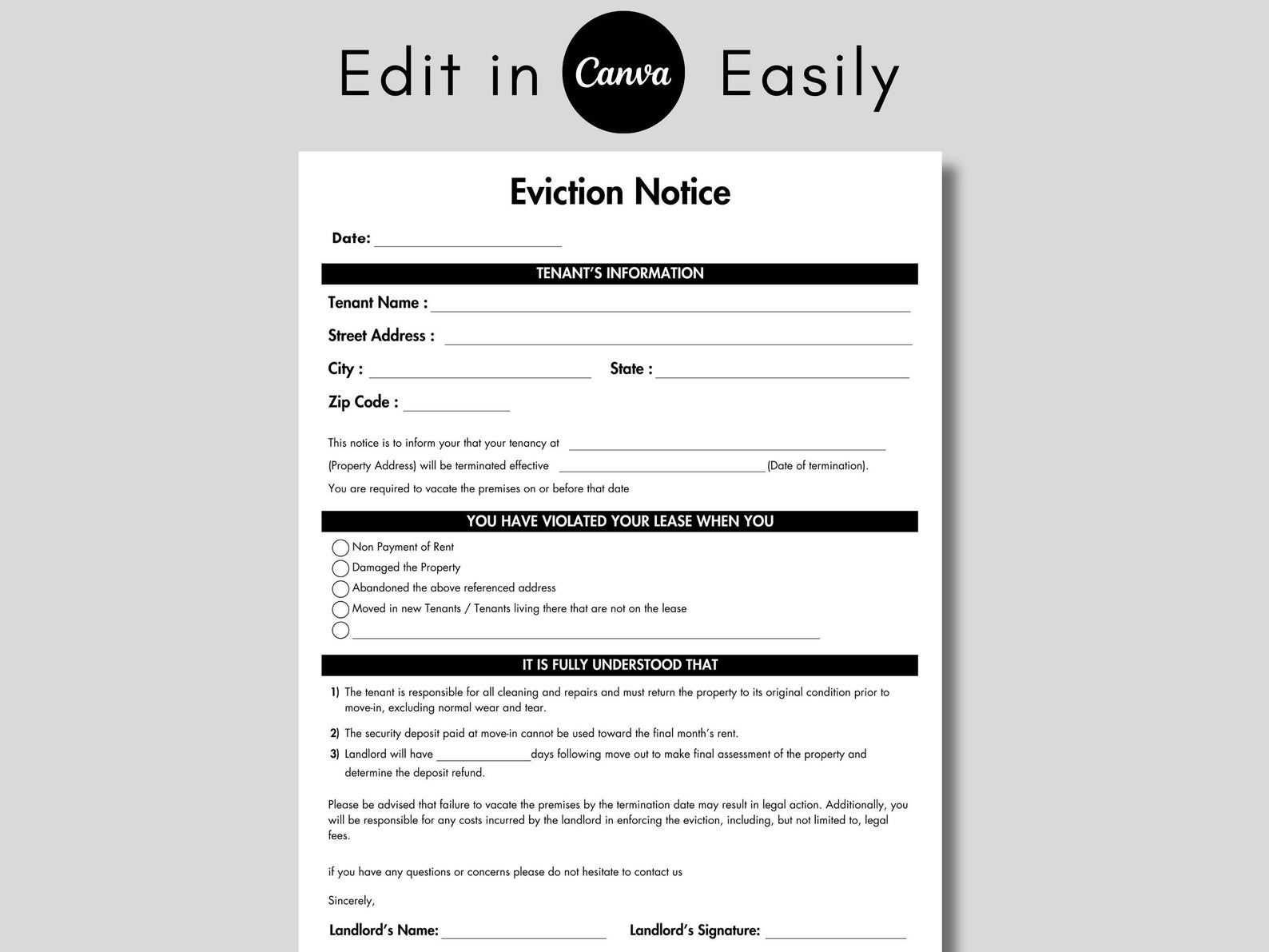 Eviction Notice Template, Printable Notice to Vacate Template, Landlord ...