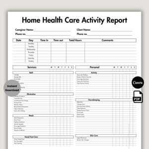 Editable Home Health Caregiver Activity Report, Caregiver Checklist Template, Caregiver Timecard, Printable Elder Care Checklist, Task Sheet